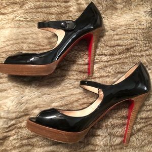 Christian Louboutin Black Patent Platform Mary Jane Peep-Toe Heels - Size 38.5